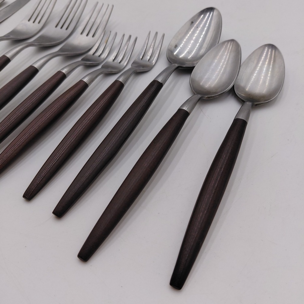 AMERICAN TEMPO 12 Mid Century Modern Stainless Flatware Faux Wood Japan MCM - Picture 2 of 10